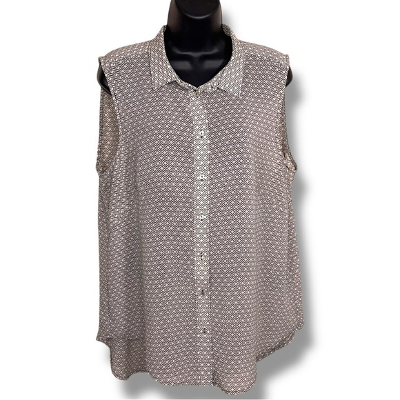 Size 12 H&M Sleeveless Blouse Ivory Black Geometric Print Tunic Length Collared - Picture 1 of 14
